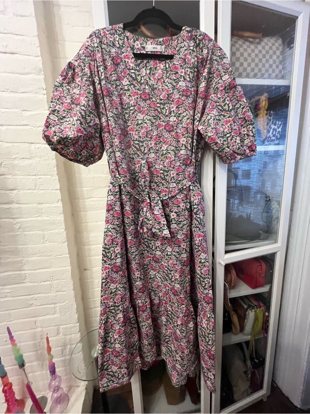 Mango Floral Pink Puff-Sleeve Midi Dress with Tie Waist